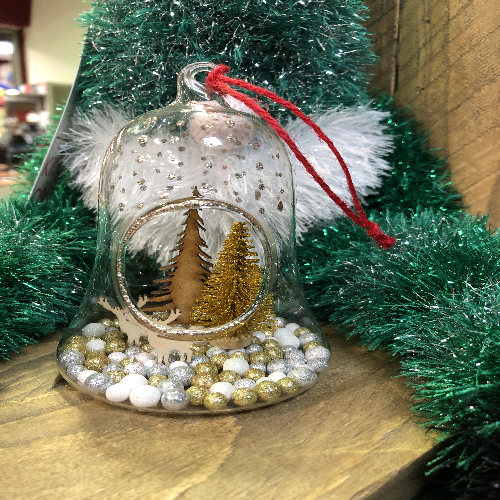 Glass Bell Bauble Gold Tree/Deers - Click Image to Close